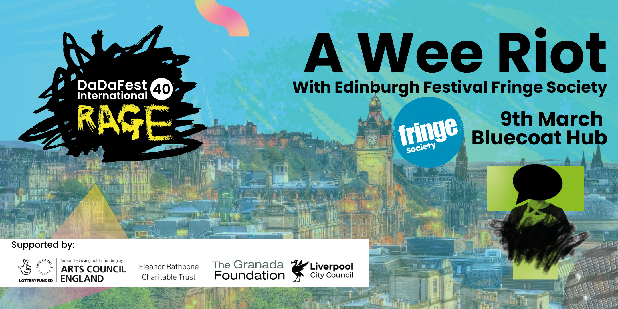 A faded image of Edinburgh sits behind logos for Edinburgh Fringe Society, DDFI40 and funder logos.