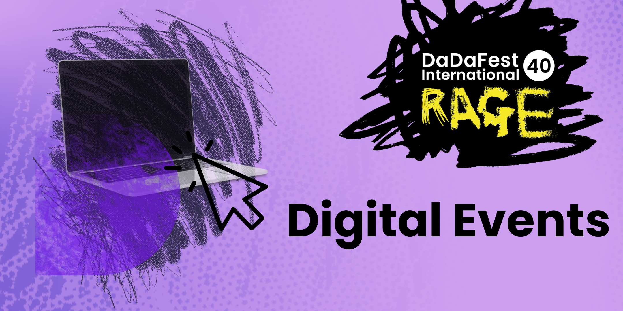 A laptop sits over a dark scribble. Digital events is written to the right on a purple background