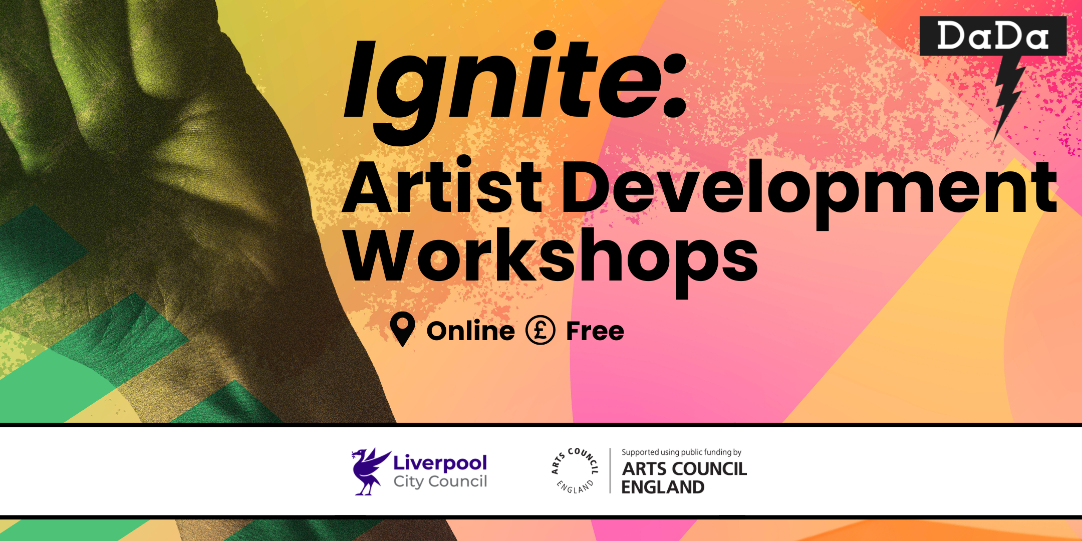 A fist leans off to the left. Swirled orange and pink colours create the background to the workshop title 'Ignite'