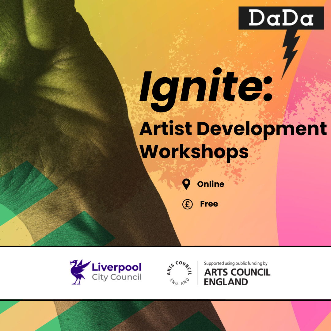 A fist leans off to the left. Swirled orange and pink colours create the background to the workshop title 'Ignite'