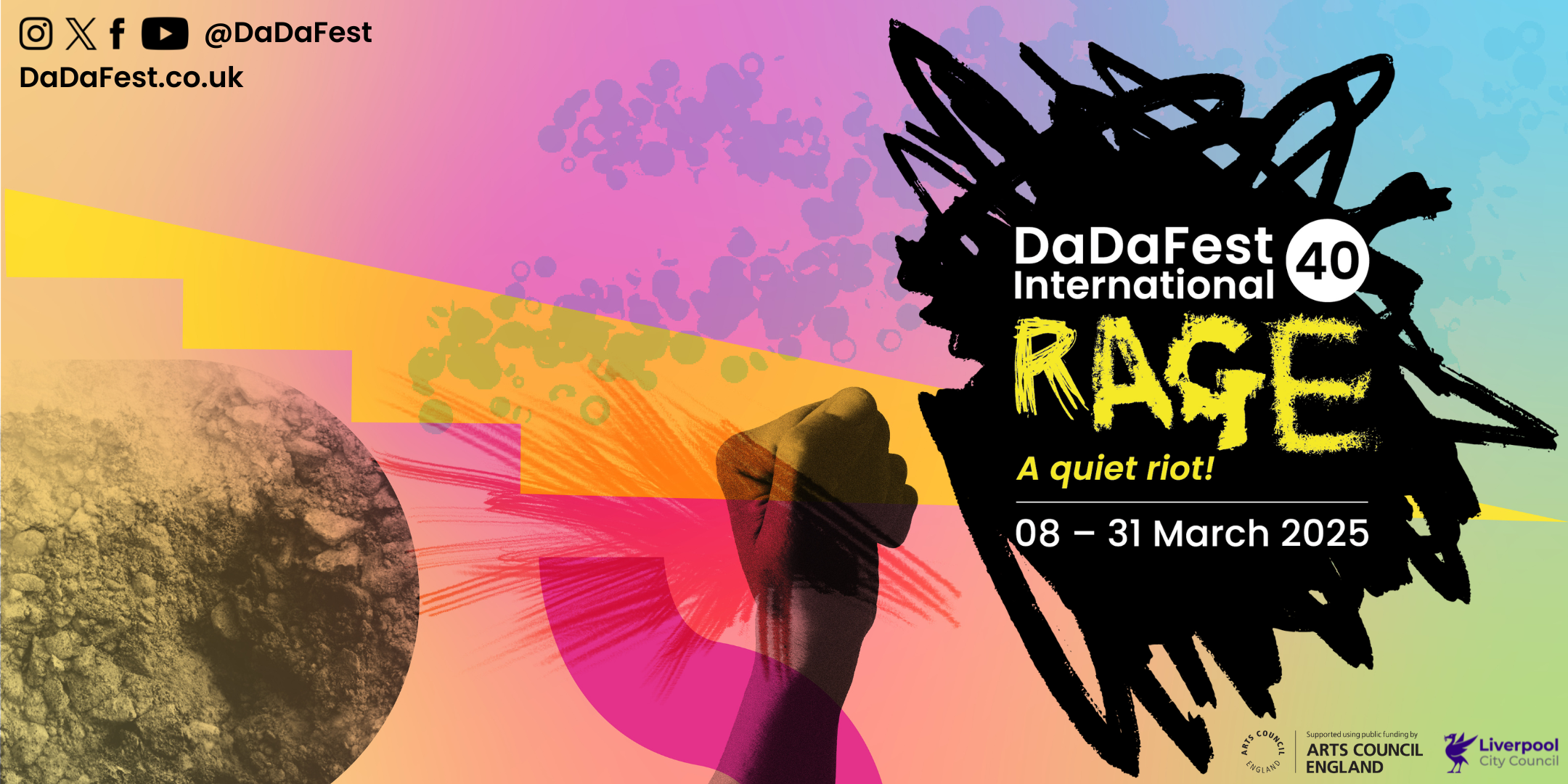 Swirl of pastel colours fill the background.  DDFI 40 and 'Rage' are written across a black scribble.