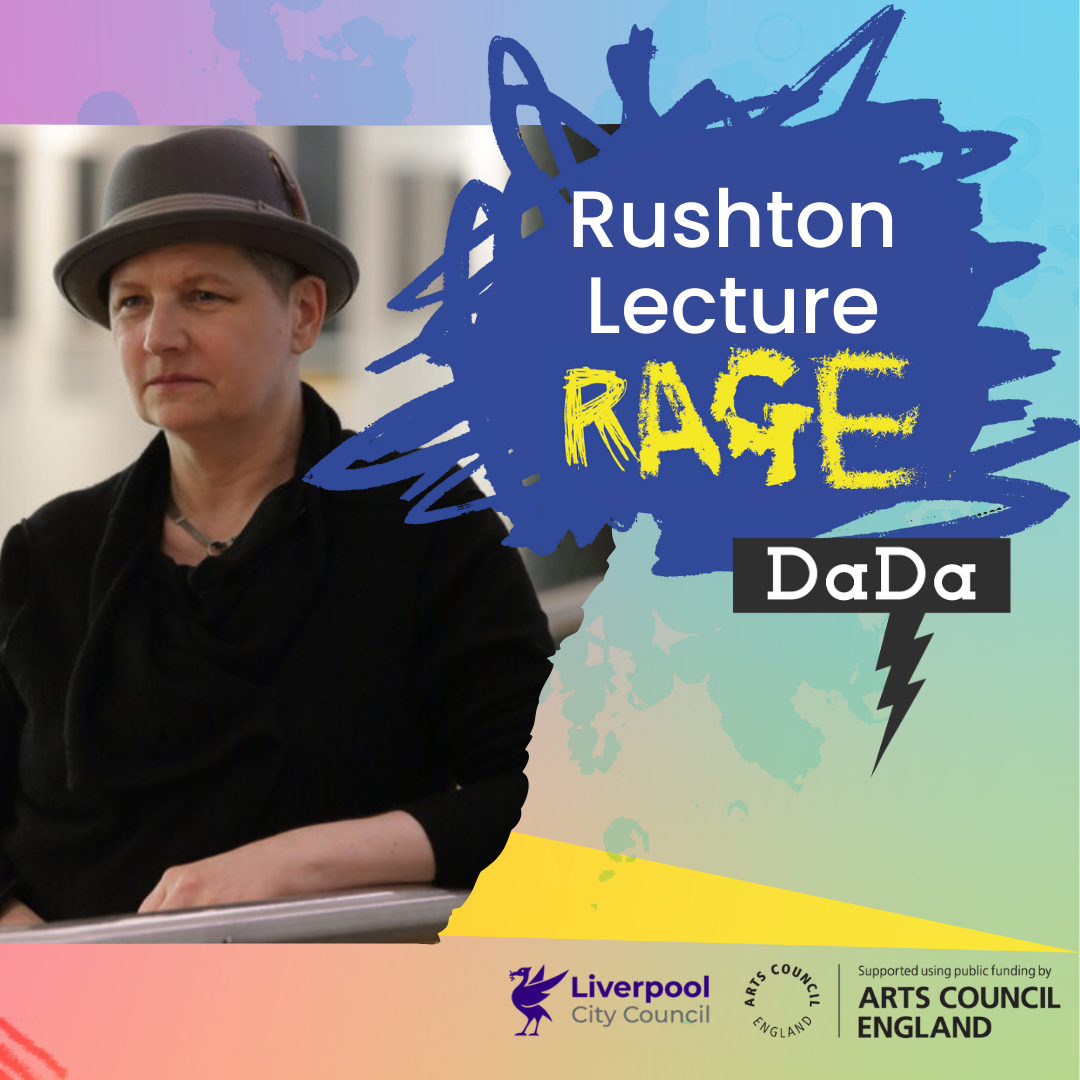 Kaite O'Reilly sits next to a Rushton Lecture Rage logo