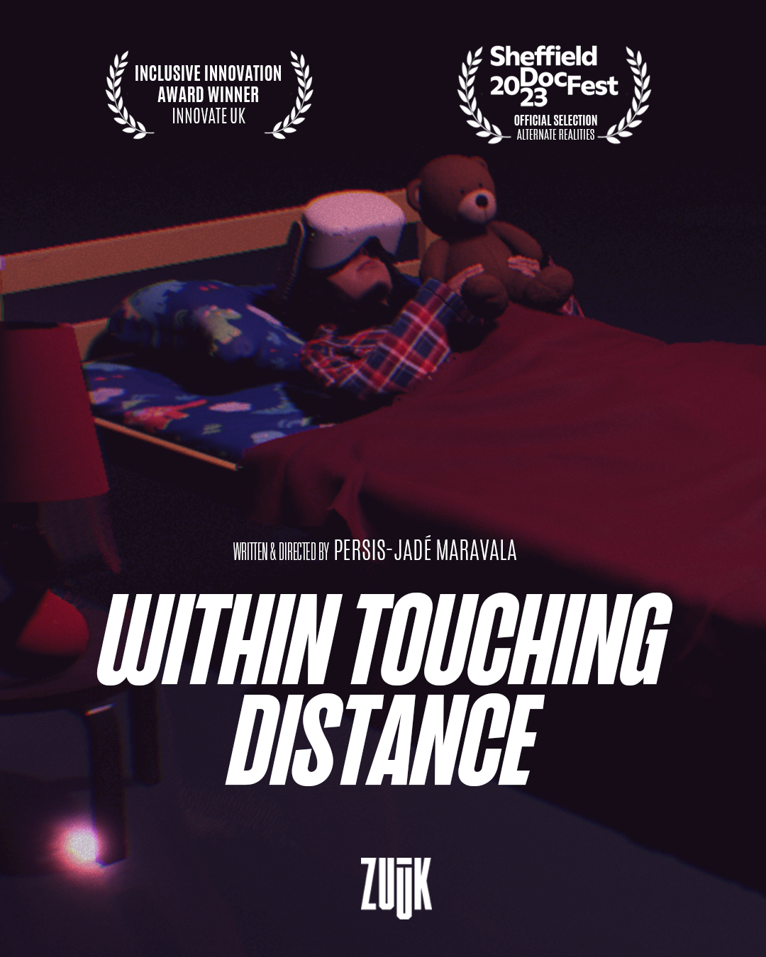 Within Touching Distance promo poster. A person lies in bed facing away from us, holding a teddy and wearing a VR headset.  Ahead of them a large moon