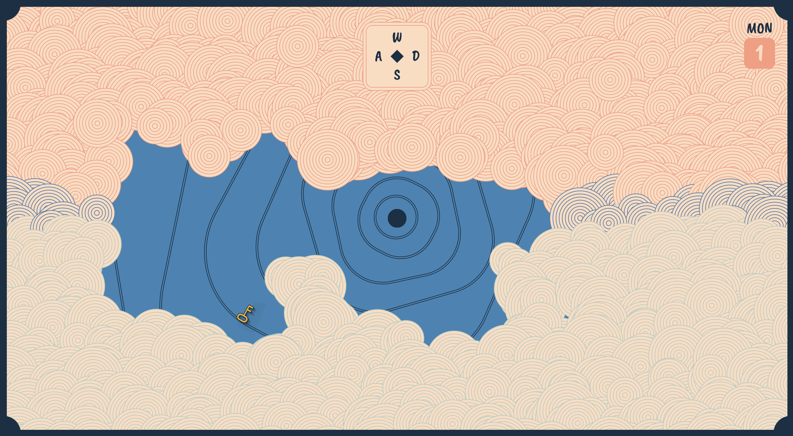 A swirled design represents the ses in blue surrounded by orange swirls of lava.