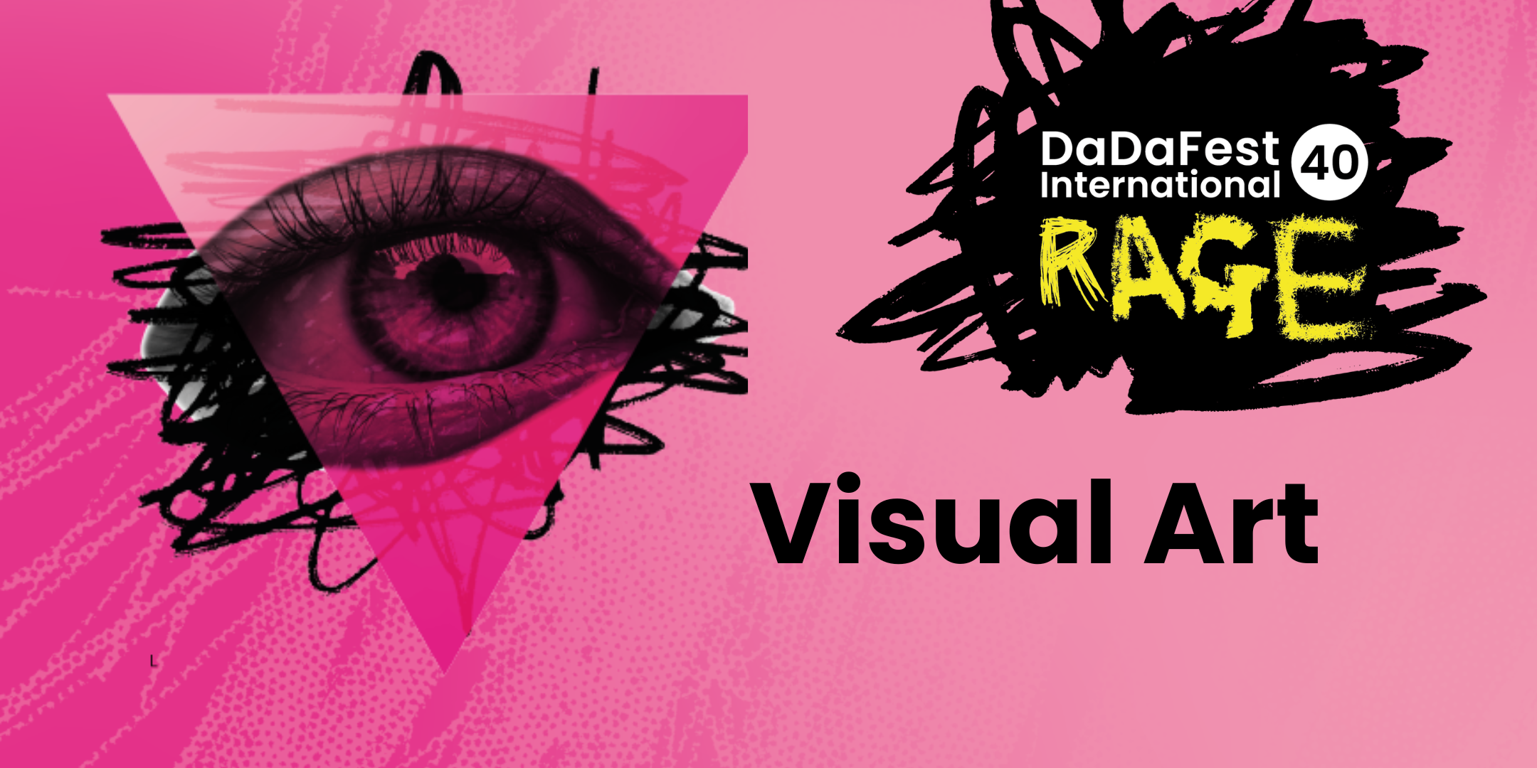 Pink background with an eye in black and white words reading 'Visual Art'