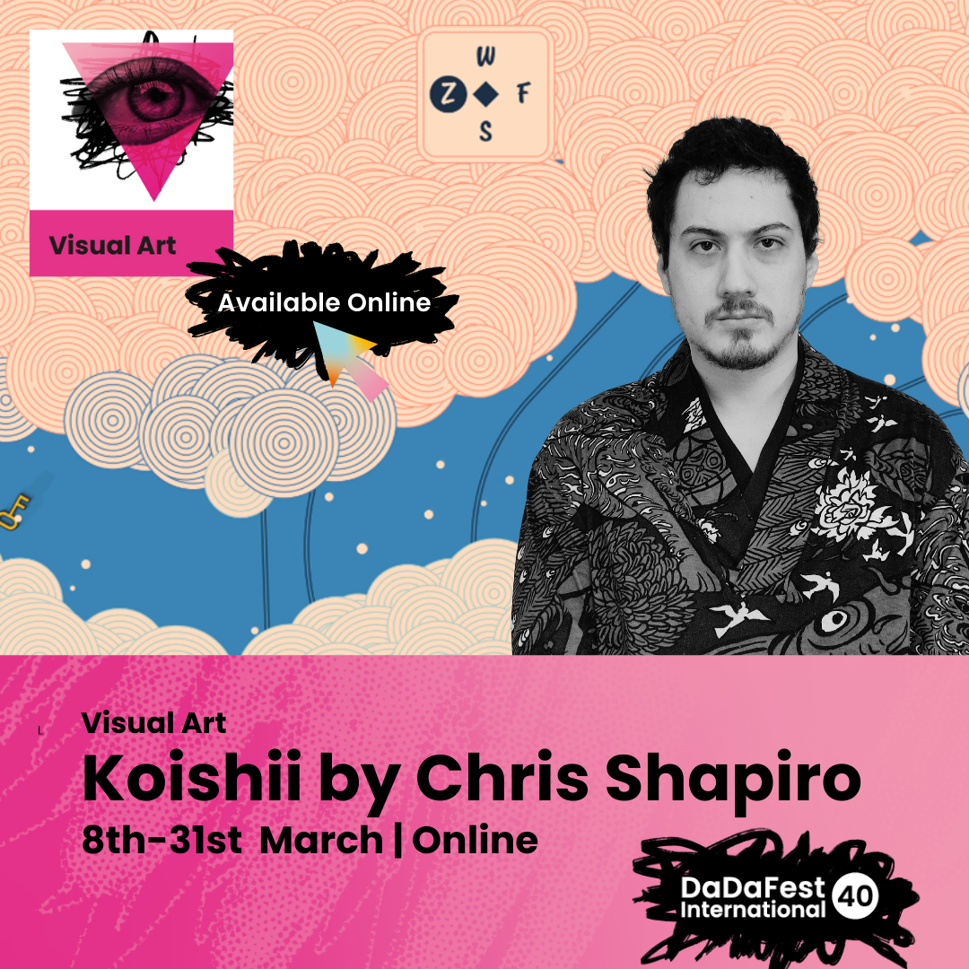 Black and white image of Chris Shapiro sits over a screenshot of Koishii which is an orange and blue swirled map.