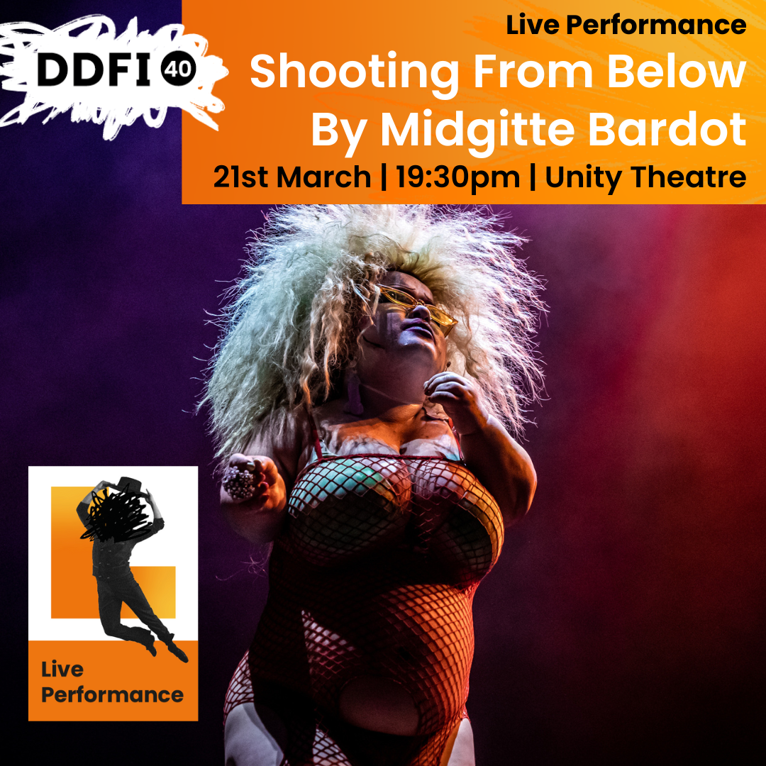 Midgette Bardot Performing with event title written over 