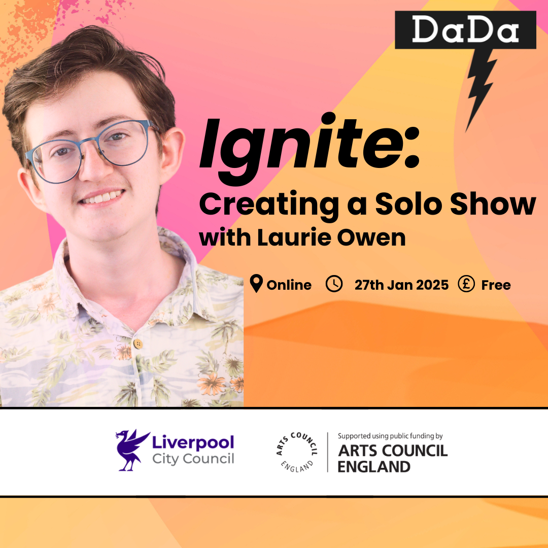 Laurie Owen's headshot sits over a swirled pastel background with the words 'Ignite: Creating a Solo Show' overlaid in black