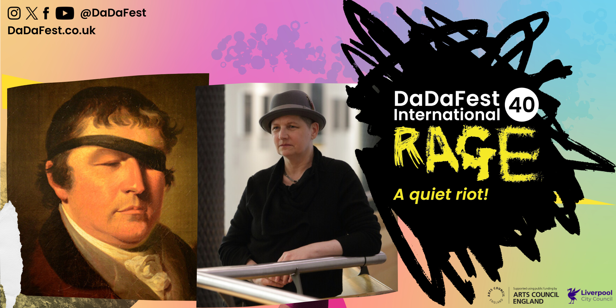 Image of Edward Rushton next to Kaite O'Reilly and the DDFI 40 logo with the word RAGE large in yellow